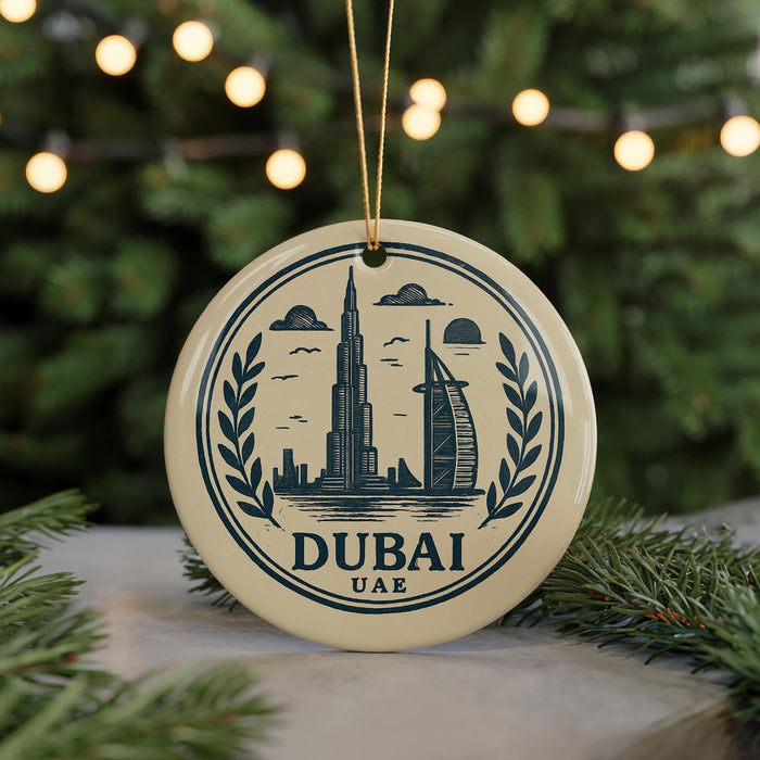 A circular ornament featuring the skyline of Dubai, with the Burj Khalifa and the Palm Jumeirah prominently displayed.