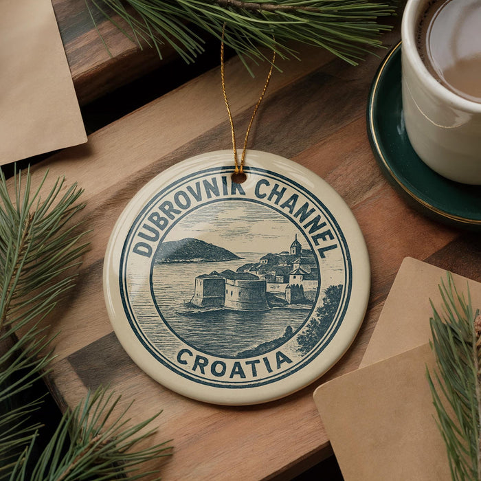 A decorative ornament featuring the text "DUBROVNIK CHANNEL CROATIA" and an illustration of a coastal town, surrounded by pine branches and a cup of coffee.