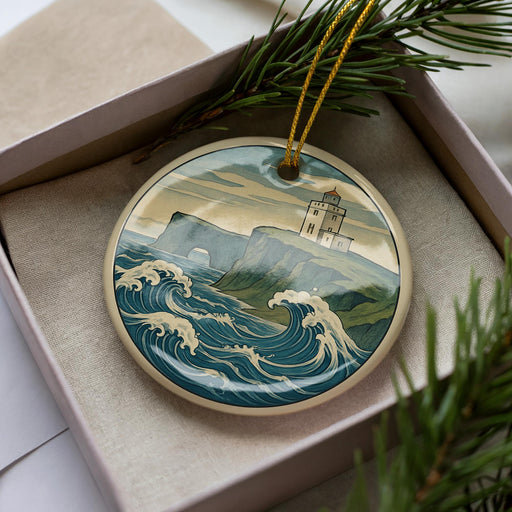 A decorative ornament in a box, featuring a lighthouse on a cliff overlooking the ocean with crashing waves.