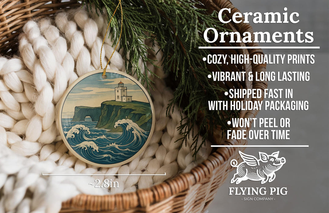 Ceramic ornaments, featuring a lighthouse on a cliff, are displayed in a basket with a wicker frame.