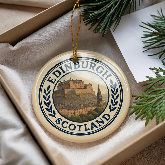 A decorative ornament featuring the image of Edinburgh Castle, a famous landmark in Scotland, is displayed in a box with pine branches.