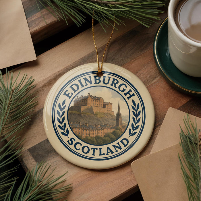 A decorative ornament featuring the Edinburgh Castle in Scotland, with the text "EDINBURGH SCOTLAND" prominently displayed. The ornament is placed on a wooden surface, surrounded by pine branches and a cup of coffee.