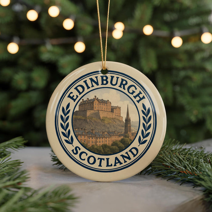 A circular ornament with the text "EDINBURGH SCOTLAND" and an image of Edinburgh Castle, a historic castle located in Scotland.