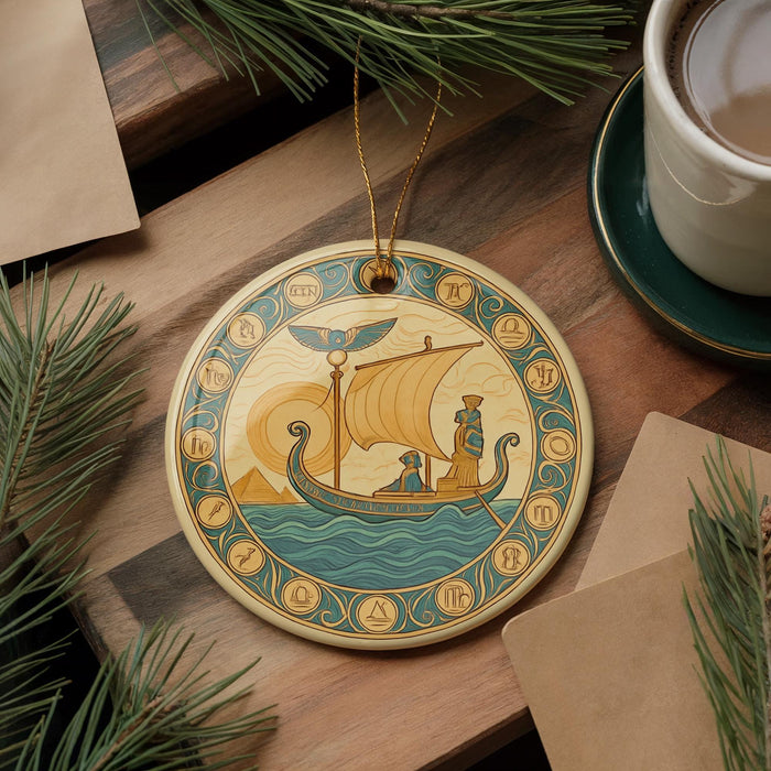 a decorative ornament with a sailboat and a person on a wooden surface, surrounded by pine branches and a cup of coffee.