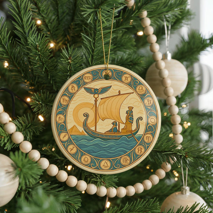 A round ornament with a sailboat and a person on a boat is hanging on a Christmas tree, surrounded by ornaments and lights.