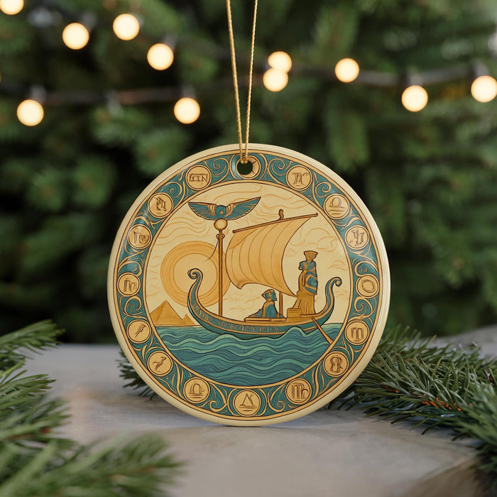 A decorative ornament featuring a sailing ship with a winged figure, surrounded by symbols and designs, is displayed on a Christmas tree.