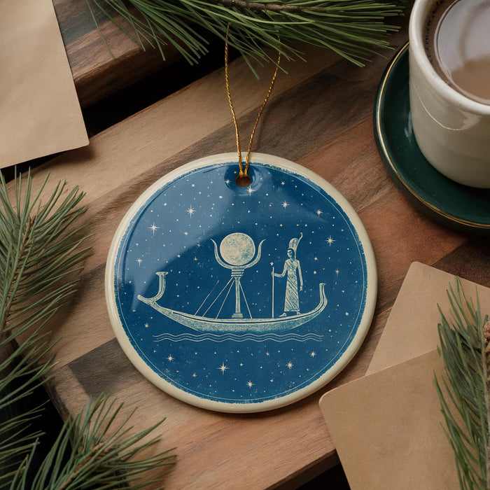 a blue circular ornament with a boat and a person on it, hanging on a wooden surface. There is also a cup of coffee and some pine branches in the background.