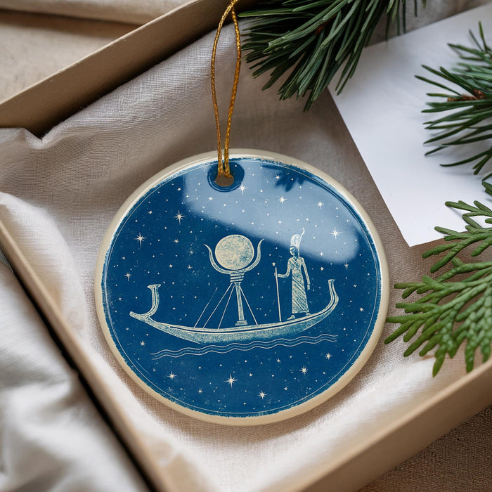 A blue circular ornament with a boat and a moon on a starry night scene, hanging from a string.