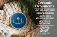 a ceramic ornament hanging from a wicker basket, with a text overlay providing information about the ornament.