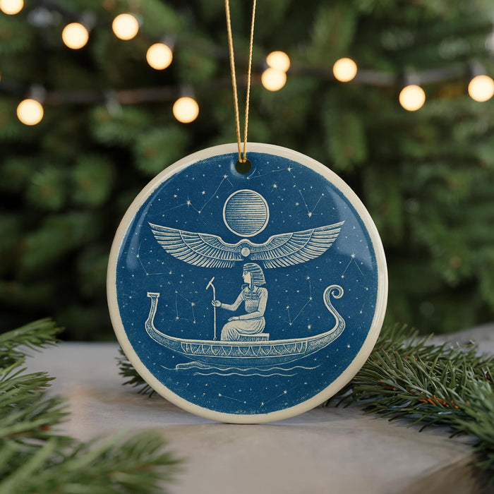 A blue circular ornament with a white illustration of a person in a boat on a starry night, surrounded by a starry sky.