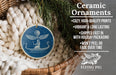 Ceramic ornaments, featuring a blue circular ornament with a winged figure and a boat, are displayed in a woven basket.