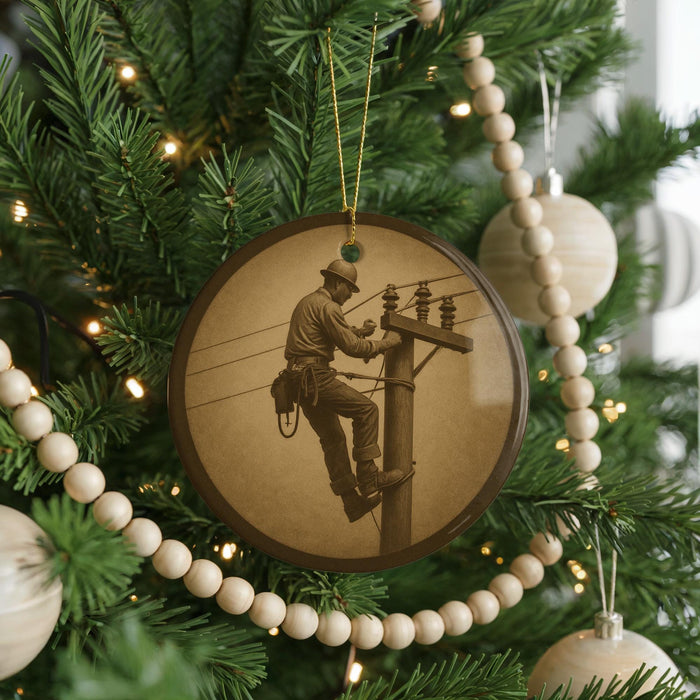 A round ornament on a Christmas tree featuring a man working on a telephone pole.