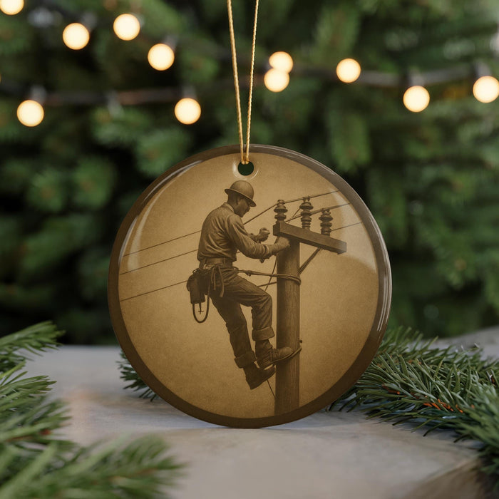 A round ornament featuring a silhouette of a person working on a power line pole, with a blurred background of greenery and twinkling lights.