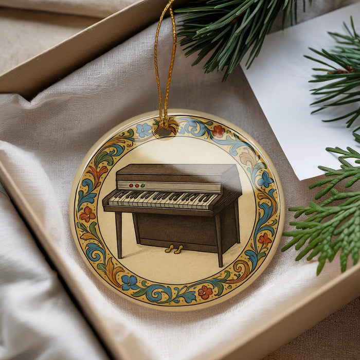 A decorative ornament featuring a piano on a white background, surrounded by a colorful border.