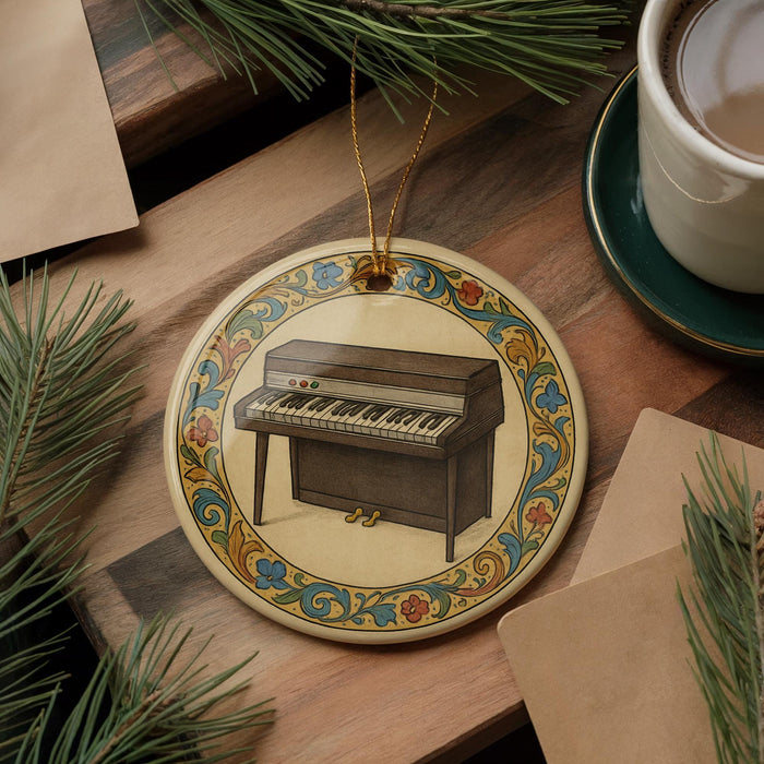 A decorative ornament featuring a piano is displayed on a wooden surface, surrounded by pine branches and a cup of coffee.