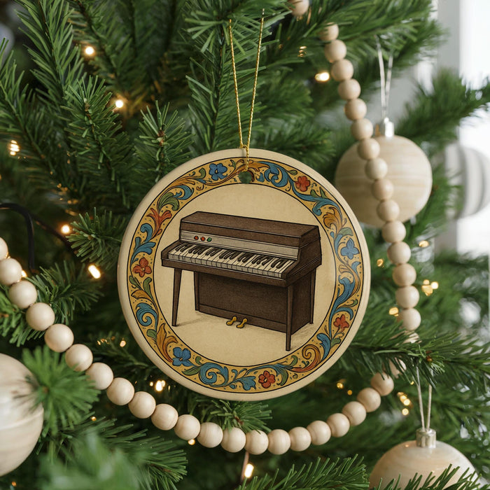 A Christmas tree decorated with ornaments, including a circular ornament featuring a piano and a beaded garland.