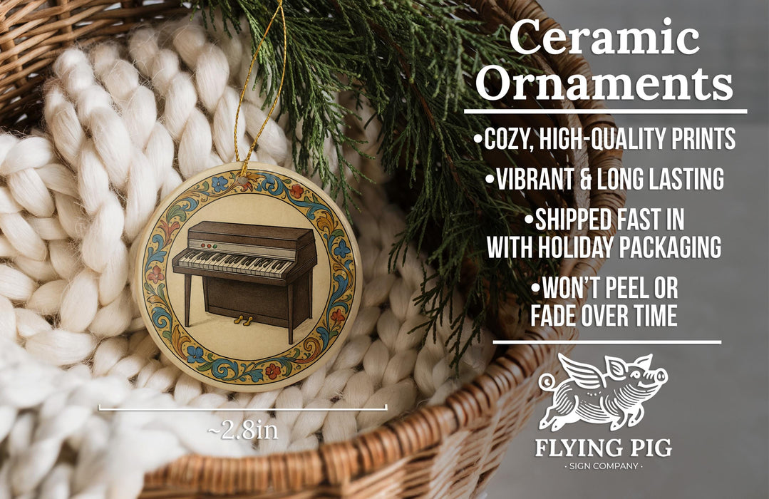 Ceramic ornaments, featuring a piano ornament, are displayed in a wicker basket.