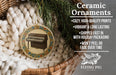 Ceramic ornaments, featuring a piano ornament, are displayed in a wicker basket.