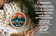 Ceramic ornaments, featuring a ceramic ornament with a cityscape design and a star, hanging from a wicker basket.