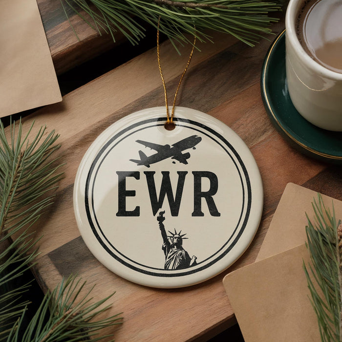 A white ceramic ornament with the letters "EWR" and an image of the Statue of Liberty is displayed on a wooden surface, surrounded by pine branches and a cup of coffee.