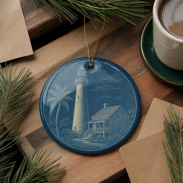 A blue ornament featuring a lighthouse and a house is displayed on a wooden surface, surrounded by pine branches and a cup of coffee.