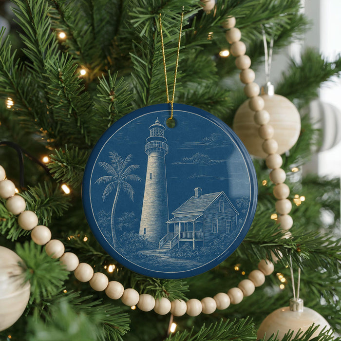 A blue ornament with a lighthouse and palm tree design hangs on a Christmas tree, surrounded by white beads and lights.