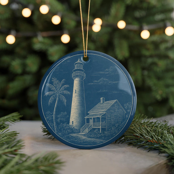 A blue ornament featuring a lighthouse and palm tree is displayed on a table, with a blurred background of a Christmas tree and lights.