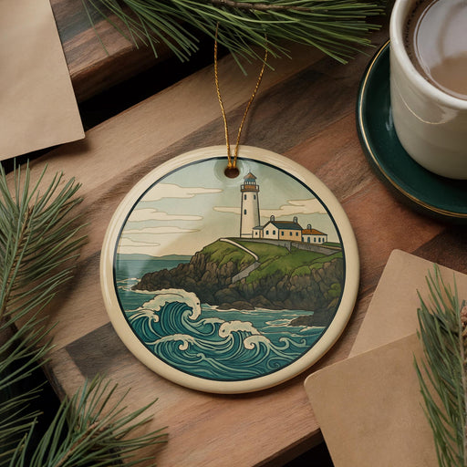 A round ornament featuring a lighthouse on a cliff overlooking the ocean, surrounded by pine branches and a cup of coffee on a wooden surface.