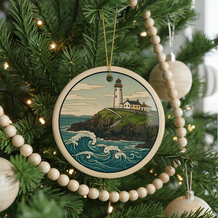 A round ornament on a Christmas tree depicting a lighthouse on a cliff overlooking the ocean.