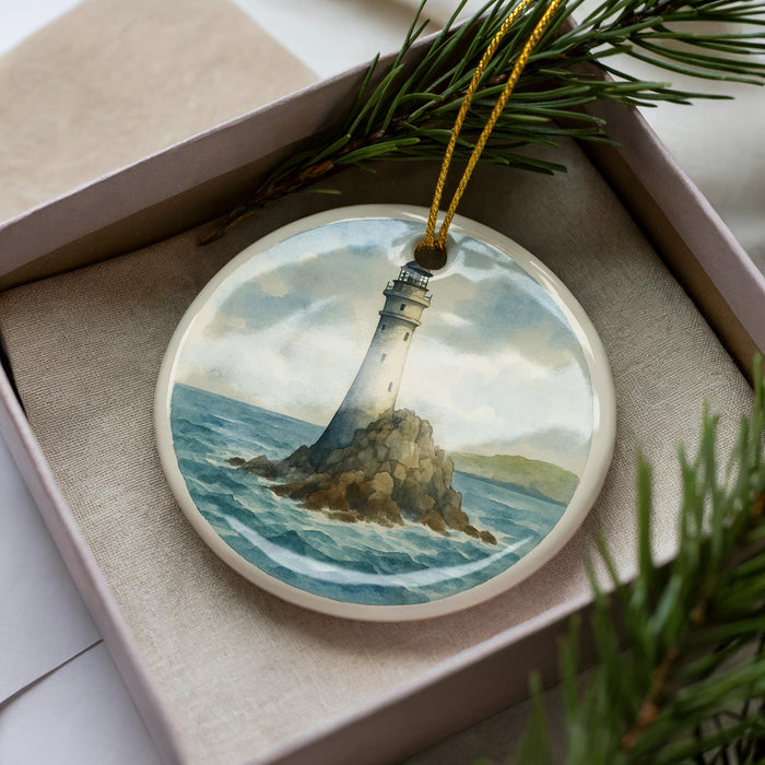 A round ornament featuring a lighthouse on a rocky island, surrounded by water and clouds, is displayed in a box with pine branches.