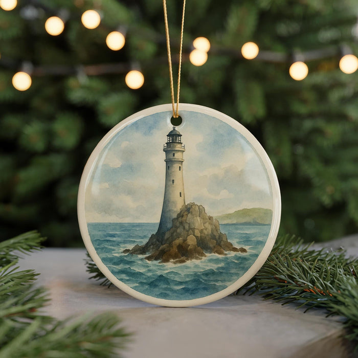 A round ornament featuring a lighthouse on a rocky island, surrounded by water, is displayed in front of a Christmas tree with lights.