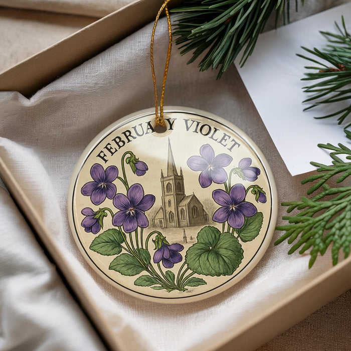 A decorative ornament in a box, featuring a floral design with purple flowers and a church spire.