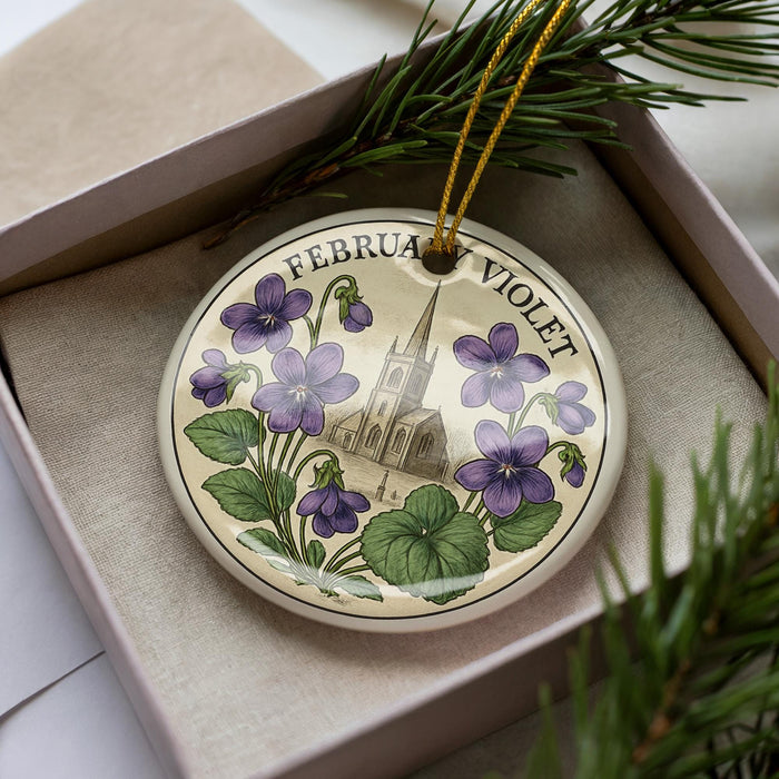 A decorative ornament in a box, featuring a floral design with purple flowers and a church spire.