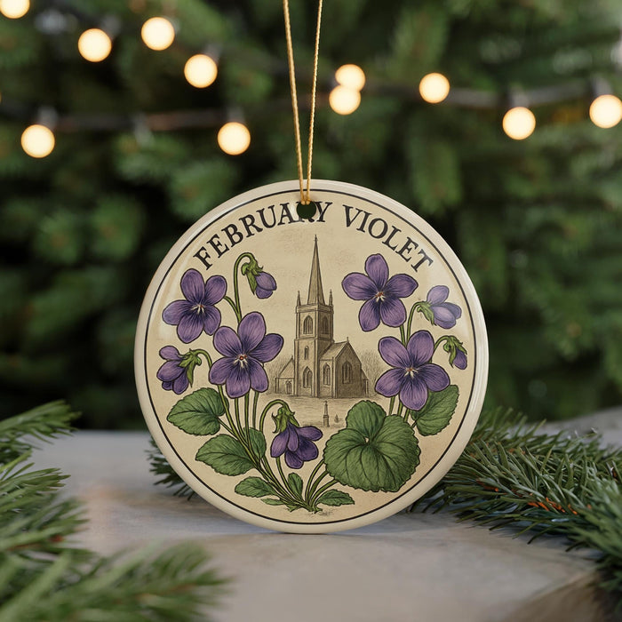 A round ornament with a floral design and a church spire, featuring purple flowers and greenery, is hanging from a string.