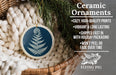 Ceramic ornaments, featuring a blue tree design, are displayed in a woven basket.