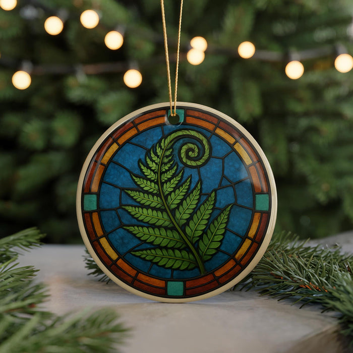 A round ornament with a fern design is hanging from a string, surrounded by pine branches and twinkling lights in the background.