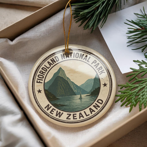 A circular ornament with the text "FIORDLAND NATIONAL PARK NEW ZEALAND" printed on it, surrounded by a scenic mountain landscape.