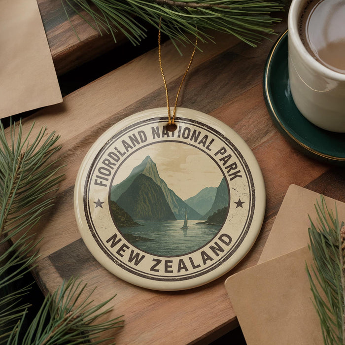 A circular ornament with the text "FIORLAND NATIONAL PARK NEW ZEALAND" and a mountain landscape design, hanging on a wooden surface.