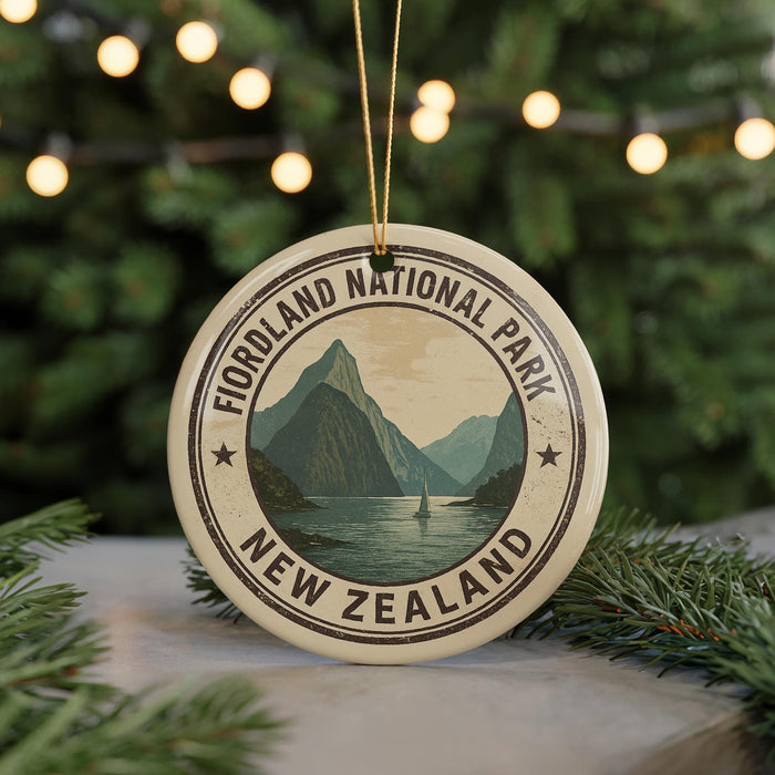 A circular ornament with the text "FIORDLAND NATIONAL PARK NEW ZEALAND" and a mountain landscape design, hanging from a string.