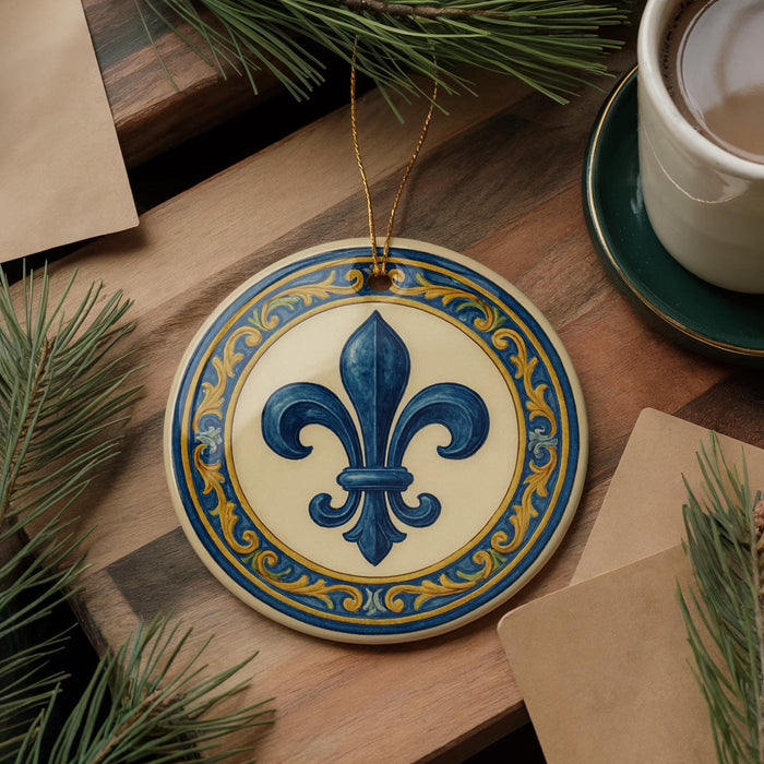 a decorative ornament with a blue fleur-de-lis design, placed on a wooden surface alongside a cup of coffee and some pine branches.