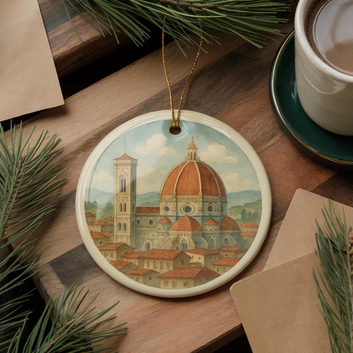 A decorative ornament featuring a painting of the Florence Cathedral, also known as the Cathedral of Saint Mary of the Flower, is displayed on a wooden surface alongside a cup of coffee and some pine branches.