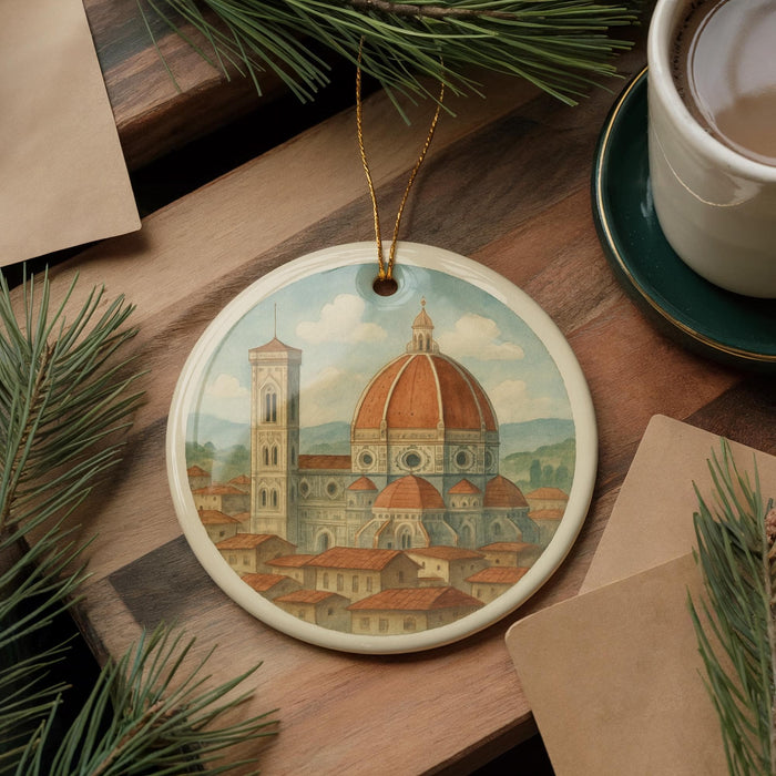 A decorative ornament featuring a painting of the Florence Cathedral, also known as the Cathedral of Saint Mary of the Flower, is displayed on a wooden surface alongside a cup of coffee and some pine branches.