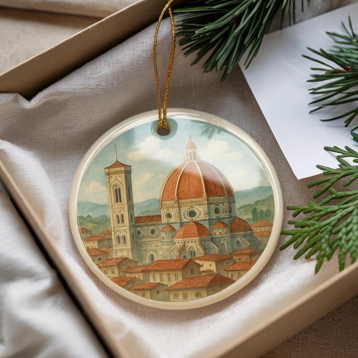 A decorative ornament featuring a painting of the Florence Cathedral, also known as the Cathedral of Saint Mary of the Flower, in the background.