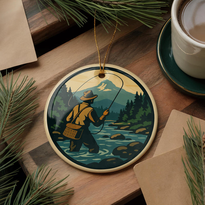 A round ornament depicting a person fishing in a river, surrounded by pine trees and mountains, is displayed on a wooden surface alongside a cup of coffee and some papers.
