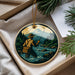 A round ornament depicting a person fishing in a river, surrounded by pine trees and mountains.