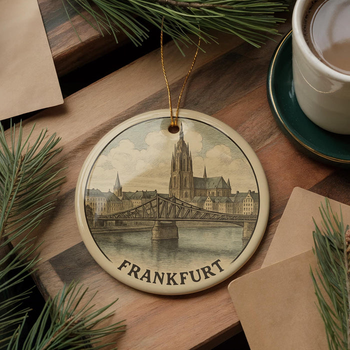 A decorative ornament featuring a cityscape with a bridge, hanging on a wooden surface.