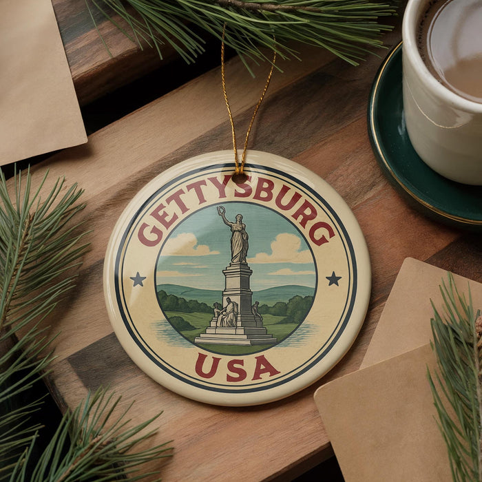A decorative ornament with the text "GETTYSBURG USA" and an illustration of a statue, placed on a wooden surface alongside a cup of coffee and some pine branches.