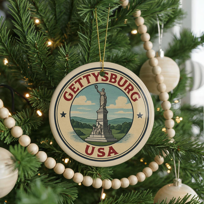 A round ornament on a Christmas tree, featuring the text "GETTYSBURG USA" and an illustration of the Liberty Bell.