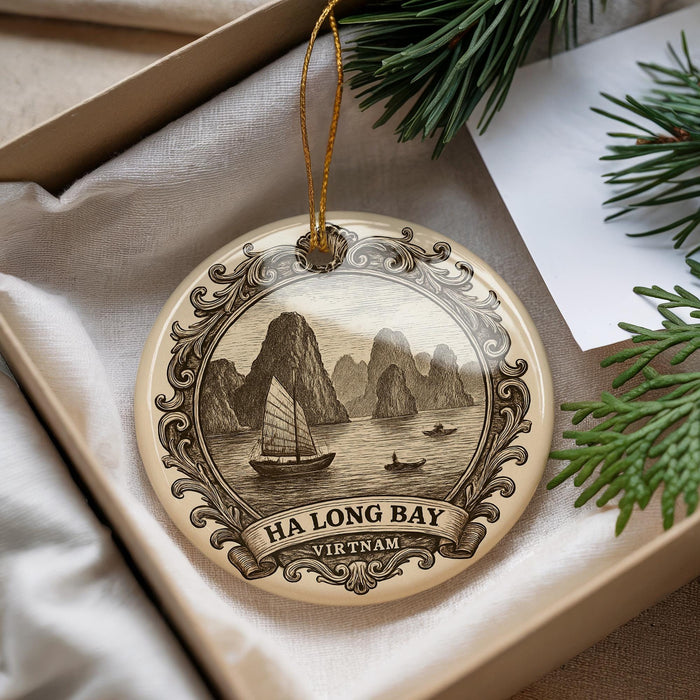 A decorative ornament featuring a sailboat and mountains, with the text "HA LONG BAY" and "VIRTNAM" printed on it, is displayed in a box with pine branches.