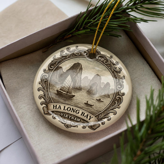 A decorative ornament featuring a sailing boat and mountains, with the text "HA LONG BAY" and "VIR TNAM" printed on it, is displayed in a box surrounded by pine branches.
